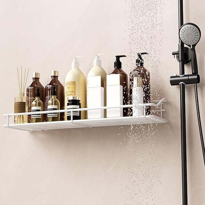 Orimade Bathroom Shelf Organizer Shower Caddy Storage Kitchen Rack with Traceless Transparent Adhesive No Drilling SUS304 Stainless Steel, 15.75inch, White