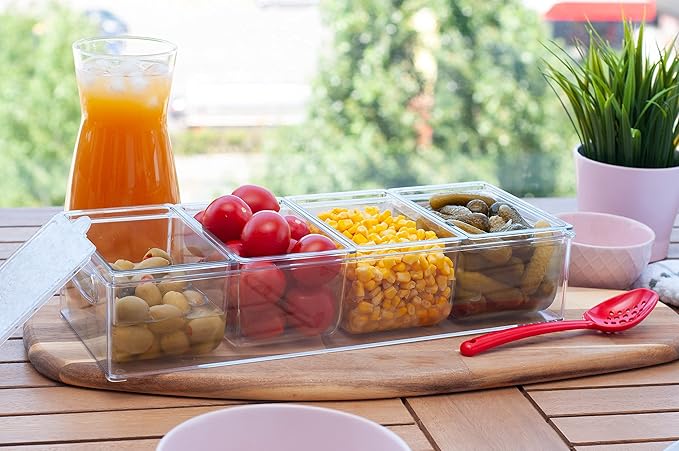Pikanty - Condiment Server with 4 Removable Containers and Lids - Ideal for Parties, BBQs, and Picnics, Dishwasher Safe, and Made in the USA