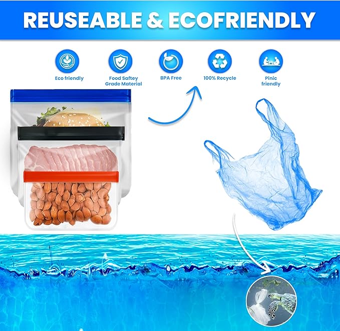 Reusable Silicone Storage Bags – 12-Pack Ziplock Bag Set (Small & Snack Size 7x5), BPA-Free Leakproof Freezer Pouches, Eco-Friendly & Durable, for Meal Prep, Kids Lunches, Travel & Kitchen Use