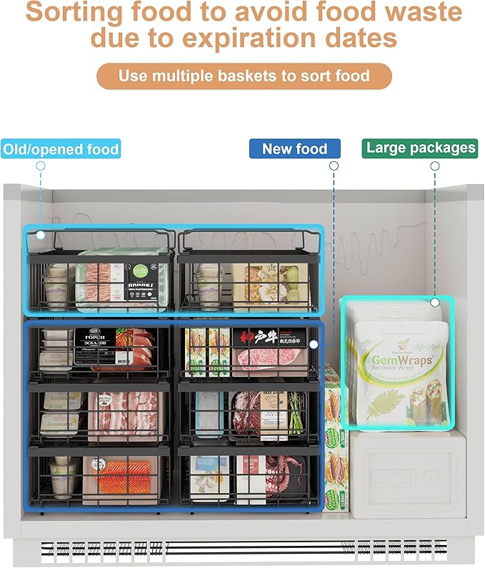 UMDONX 4-Pack Expandable Stackable Chest Freezer Organizer Bins - Large, Adjustable from 11.4" to 17.9", Fits 10-20 Cu. Ft. Freezers, Black