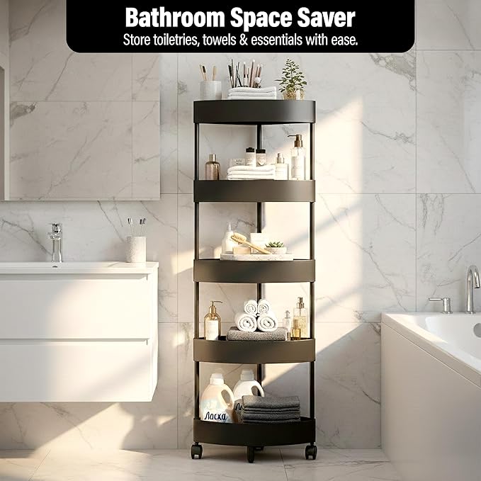 Durable 5-Tier Corner Storage Shelf with Wheels – Triangle Rolling Rack for Bathroom Organizers and Storage – Space-Saving Black Plastic