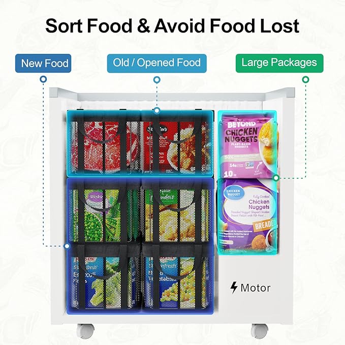 iSPECLE Deep Freezer Organizer Bins - 6 Pack 15" Large Stackable Freezer Organizer for 5 to 7 Cu.Ft Chest Freezer, Sturdy Fabric & Stainless Steel for Meat & Vegetables, Easy Access, Black