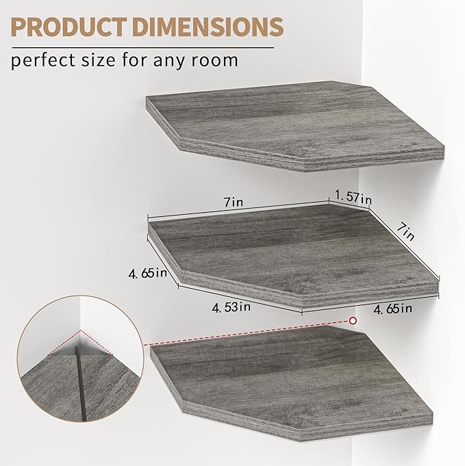 Corner Shelf Wall Mount, Floating Corner Shelves, Set of 3 Corner Wall Shelf Organizer, Rustic Wood Wall Storage Display Shelves for Living Room Bedroom Bathroom Kitchen, Rustic Grey