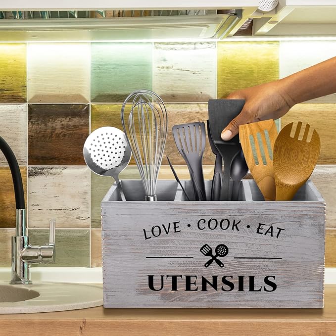 Rustic Wooden Utensil Holder for Countertop - 3 Compartment Farmhouse Heavy-Duty Flatware Caddy & Silverware Organizer - Large Kitchen Decor for Spoons, Forks, Parties, Coffee Bar & RV