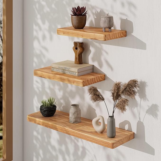 Fun Memories Rustic Solid Elm Wood Floating Shelves, 16" W x 8" D Floating Shelf Wall Mounted, 8 Inch Deep Wall Shelves, Wooden Bathroom Shelf for Home, Deep Bookshelf for Living Room, Set of 2