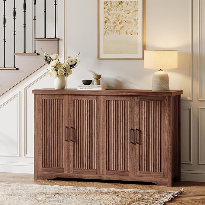 Fluted Buffet Cabinet with Storage Accent Sideboard,Modern Credenza with 4 Doors & Adjustable Shelves,Wood Coffee Bar Table Console for Dining Room Kitchen Living Room Entryway, Walnut