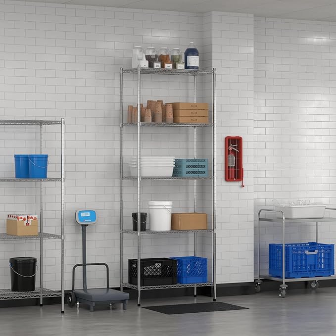 Commercial NSF Listed Chrome Stationary Wire Shelving Kit 18" x 36" x 96", with 5 Shelves Perfect for Warehouse, Walk-in Refrigerator, Freezer, Grocery Store, Restaurant, Dishroom