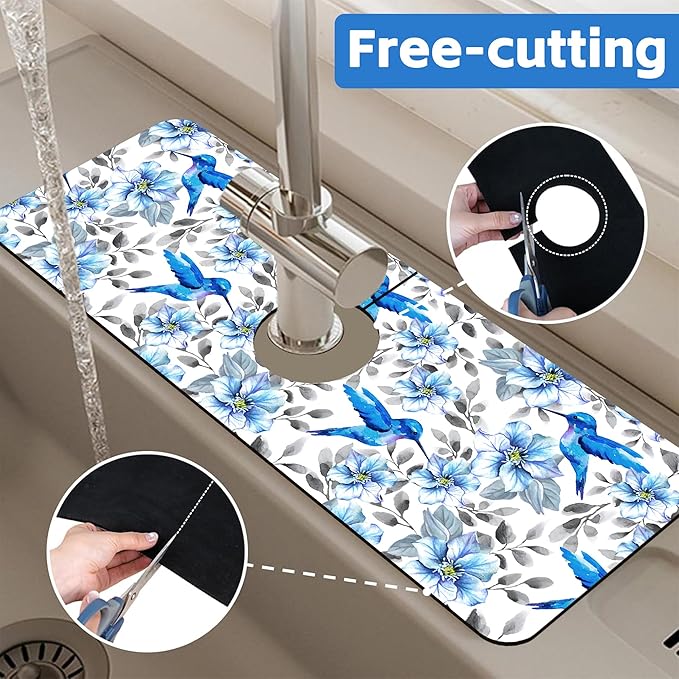 Blue Floral and Hummingbird Dish Drying Mat for Kitchen Sink Splash Guard Behind Faucet Sink Mat Absorbent Fast Drying Faucet Draining Mat for Bathroom Kitchen 5.5"×15"
