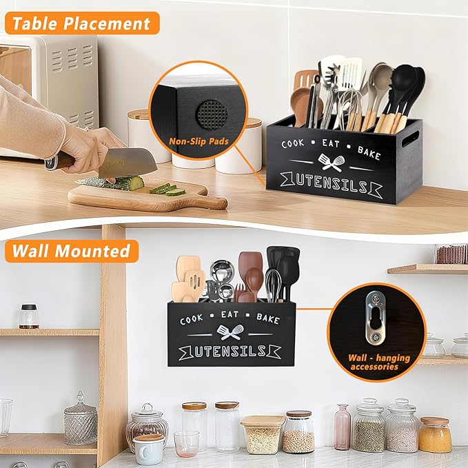 Large Black Utensil Organizer with Removable Dividers - Ideal Wooden Kitchen Countertop Organizer （black 4 Compartment）