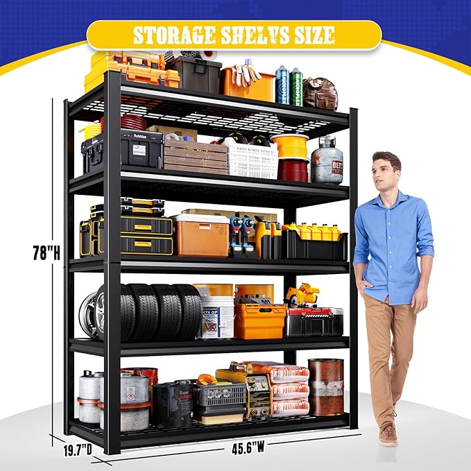 45.6"W Garage Shelving Heavy Duty Storage Shelves, 5-Tier Adjustable Metal Shelving Unit, Utility Garage Organizer Shelf for Basement, Pantry, Warehouse, Supermarket, 45.6" W x 19.7" D x 78" H