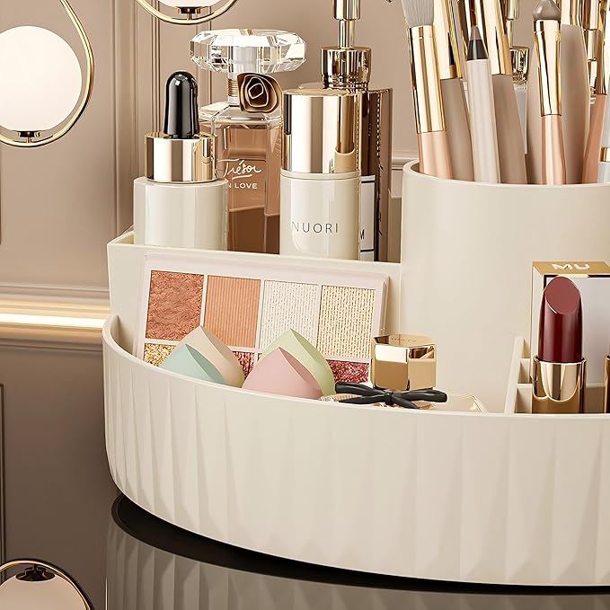 360° Rotate Makeup Organizer, Countertop Skincare Organizer, Large Capacity Multi-Compartment Makeup Brush Lipstick Skincare Organizer, Cosmetic Storage for Dresser Vanity & Bathroom (Black)