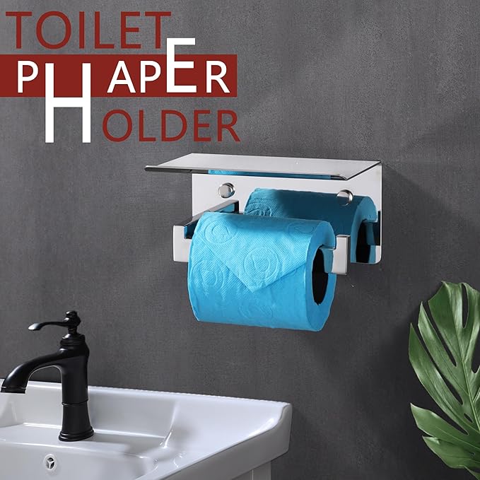 LANC Chrome Toilet Paper Holder with Shelf, Adhesive or Screw Toilet Paper Roll Holder with Shelf for Bathroom Washroom Wall Mount, Stainless Steel Tissue TP Holder Silver, A8367CP