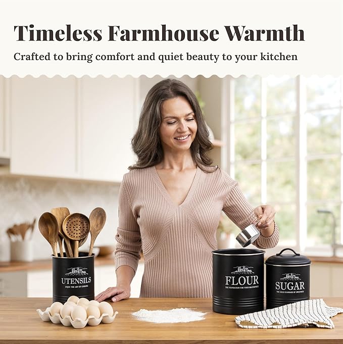 Kitchen Canisters for Countertop – 3-Piece Airtight Canister Set for the Kitchen Counter with Utensil Holder – Flour Sugar Containers – Matte Black Finish