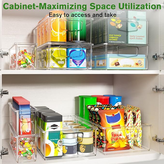 Clear Freezer Organizer Bins, 10 Pack Plastic Storage Bin, Stackable Snack Organizer for Pantry, Fridge Storage Containers with Handle for Cabinet, Kitchen
