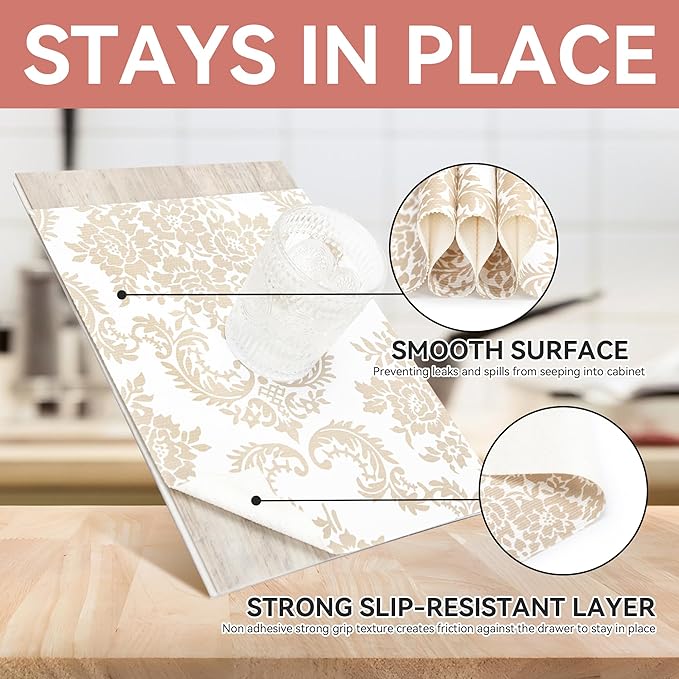 RAY STAR Cabinet Liner, Non Adhesive 12 Inch x 10 Feet Shelf Liners for Kitchen Cabinets Non Slip Grip Bottom Waterproof Easy Trim Wipe Clean Pantry Mat Vinyl Shelves Paper Drawer Sink Gold Damask