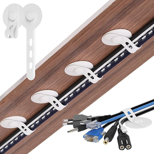 Nearockle Cable Management Under Desk, Adjustable Self-Adhesive Silicone Cable Ties Cord Organizer, Reusable Heavy-Duty Cord Holder Under Table for Office, Home, School (10Pcs-White)