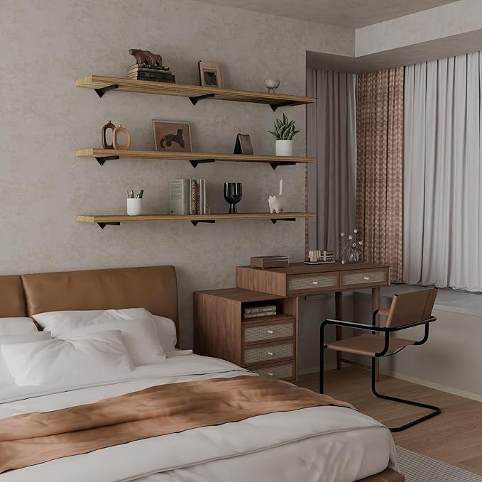 Long Wall Shelves 60 inch,Long Floating Shelf Set of 3, Large Wall Mounted Shelves with Metal Brackets, Farmhouse Bookshelf for Bedroom, Living Room and Bathroom