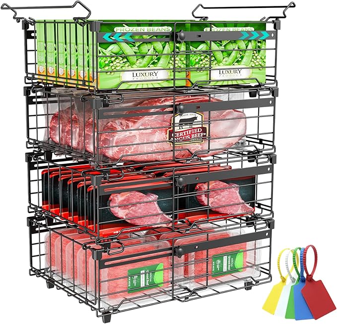 OPENICE Deep Freezer Organizer Bins, Expandable from 11.0" to 17.0" Stackable Freezer Baskets for Chest Freezer with 5 Tags, Bins for Chest Freezer Organization - 4 PCS, Black