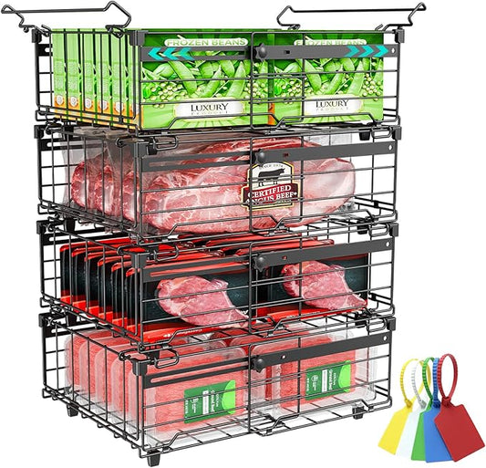 OPENICE Deep Freezer Organizer Bins, Expandable from 11.0" to 17.0" Stackable Freezer Baskets for Chest Freezer with 5 Tags, Bins for Chest Freezer Organization - 4 PCS, Black
