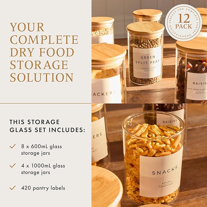 Glass Pantry Storage Containers with Lids- 420 Pantry Labels– Set of 12 (8 x 20oz& 4 x 34oz) Glass Canisters with bamboo lids-Perfect Pasta Storage Containers-AIrtight-Kitchen Canisters