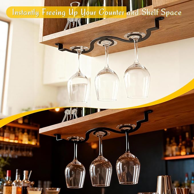 Under Cabinet Wine Glass Rack/Stemware Holder, 15.35 inch Glass Storage Hanger Organizer, for Kitchen and Bar, 2 Pack (Black)