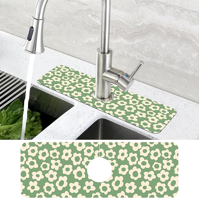 Vintage Groovy Flowers Sink Faucet Absorbing Mat Splash Guard Behind Sink Absorbent Fast Drying Draining Mat for Bathroom Kitchen 5.5"15