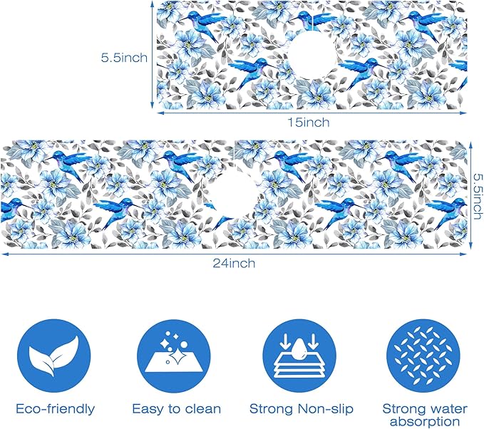 Kitchen Sink Splash Guard Faucet Mat Blue Floral and Hummingbird Absorbent Fast Drying Mat Faucet Draining Mat Sink Splash Guard Behind Faucet Drip Catcher for Kitchen Bathroom 24" X 5.5"
