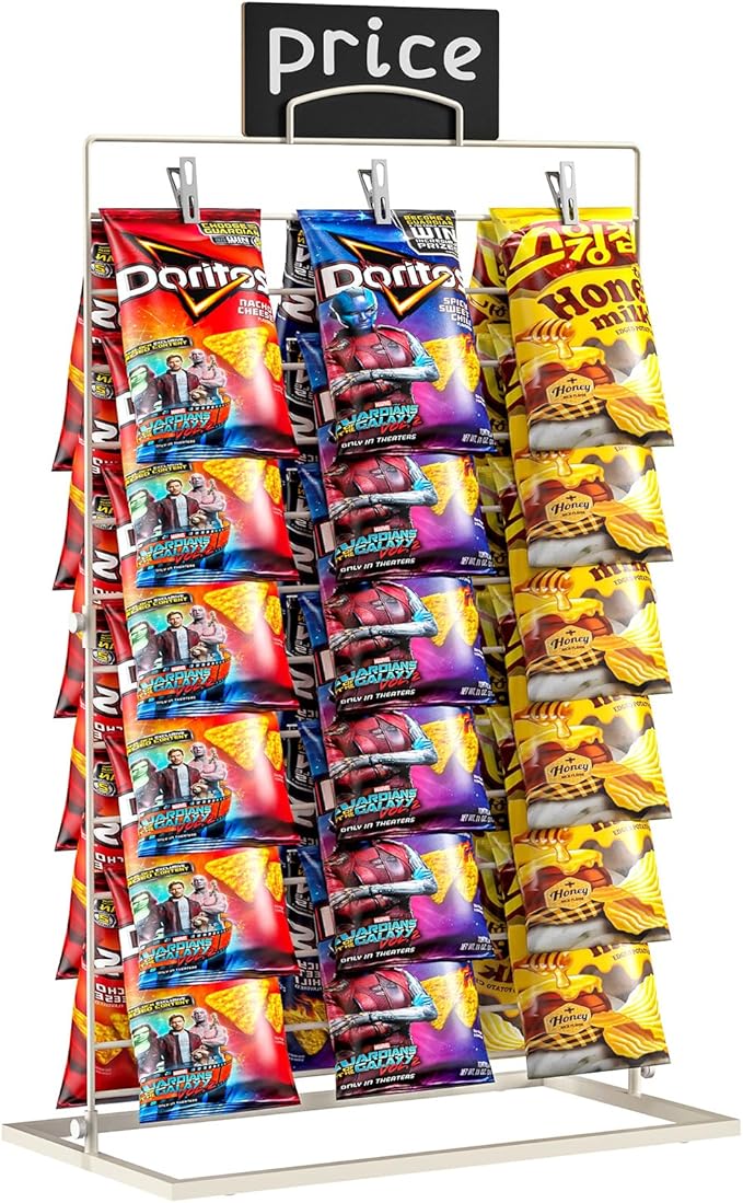 TJ.MOREE Chip Rack Display Stand, Chip Bag Holder for Party Display 3-Row 60 Clips Countertop Snack Hanger, Snack Retail Display Rack (White)