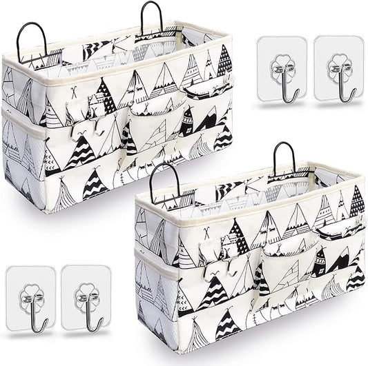 2pcs Large Wall Hanging Organizer Bag, Linen Fabric Door Hanging Storage Baskets with Pockets, Waterproof Bin for Kitchen, Bedroom, Office, RV Camper (White)