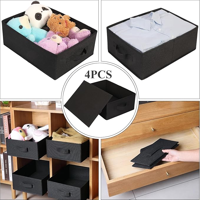 Decorative Storage Boxes for Organizing Clothes in a Dresser Collapsible Fabric Storage Bins Organizer Set with Handles for Bedding Clothes Toys Socks and More (Black)
