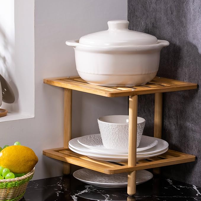 2-Tier Cabinet Organizer Shelf - Bamboo Corner Rack for Kitchen Counter, Cabinet Space Saver for Plates, Dishes, Bowls, Bread - Pantry and Bathroom Storage or Countertop(1, 6.7" H-Large)