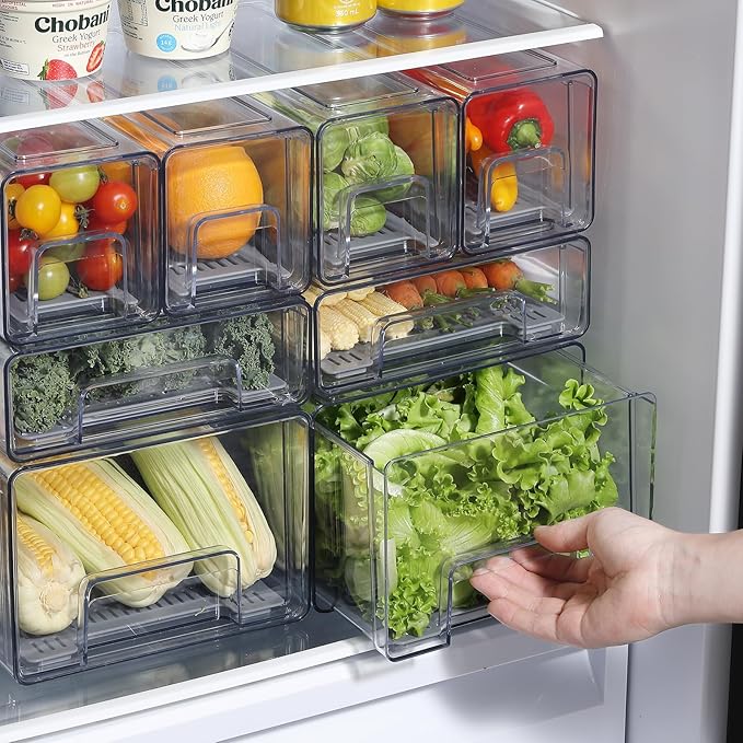 Bronkeeper Pull Out Clear Fridge Organizer Drawers with Drainer, Refrigerator Stackable Storage Bins for Kitchen Fruit & Veggie Organization (Complete Set)