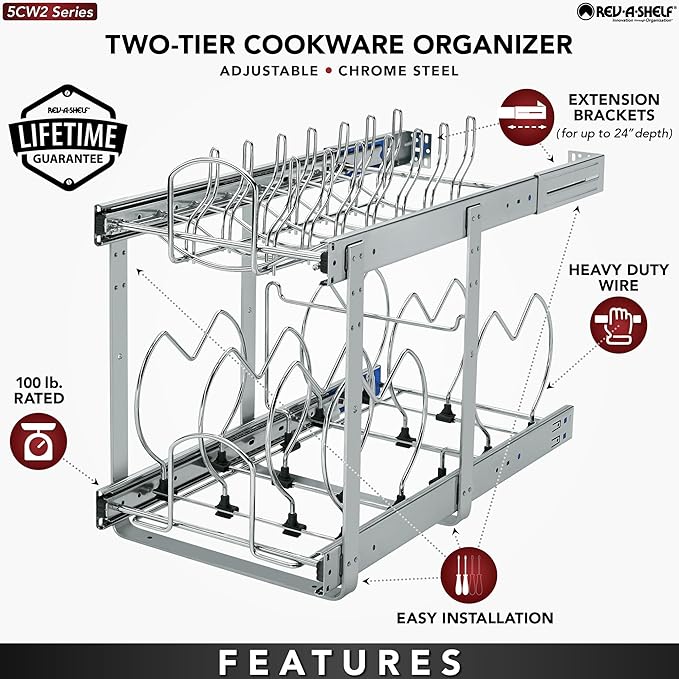 Rev-A-Shelf 2-Tier Kitchen Cabinet Pullout 11.75" Cabinet Organizer for Pots, Pans, and Lid Cookware, Adjustable Heavy Duty Wire, Chrome, 5CW2-1222-CR