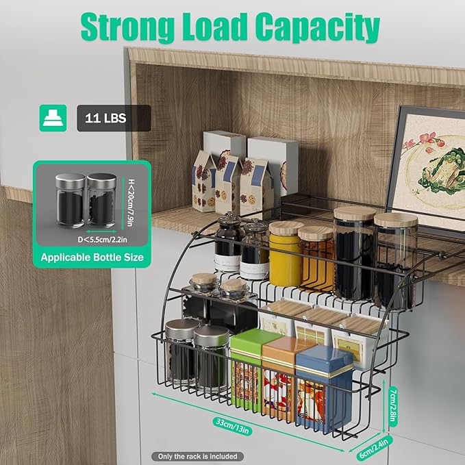 3-Tier Pull Down Spice Rack Organizer, Black Kitchen Shelf for Inside Cabinet, Countertop Storage Rack Space-Saving Organizer for Home Cooks