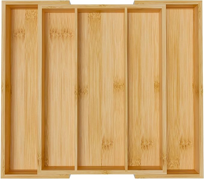 Bamboo Utensil Organizer Cutlery Organizer - Expandable 5 Slots Multipurpose Kitchen Drawer Organizer for Large Cooking Utensils, Baking Tools, Knife Set W13.7"-19.9" x L17.6" X H2.5"(Yellow)