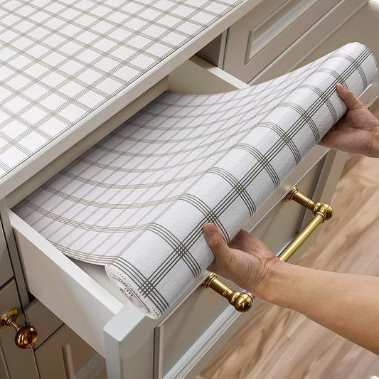 Shinlendid Shelf and Drawer Liner for Kitchen Cabinets Non-Adhesive, Strong Grip Non-Slip Thickened Cabinet Liners for Shelves, Waterproof Mats for Dresser Cupboard, White Square, 12 in x 10 Feet