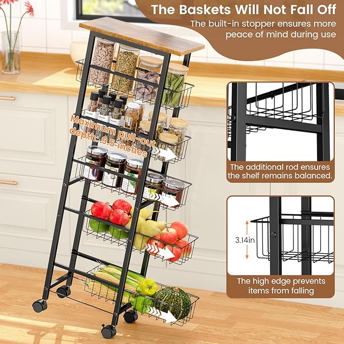 6 Tier Slim Storage Cart with Pull Out Basket, Wooden Top Rolling Kitchen Cart with Lockable Wheels, Metal Wire Fruit Vegetable Storage Basket Narrow Utility Organizer for Kitchen, Bathroom, Laundry