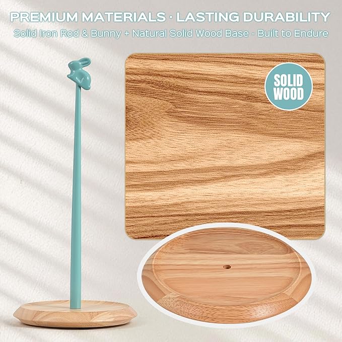 Wooden Paper Towel Holder Countertop, Cute Bunny Design - Natural Solid Wood Base with Iron Rod,Paper Towel Holder countertop for Kitchen Roll Organizing, Dining Table & Home Décor