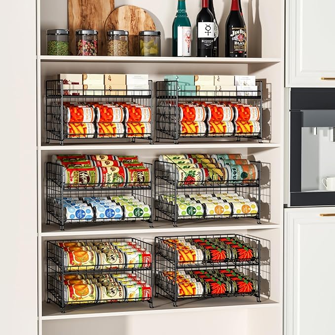 Adjustable Rack Organizer, Stackable 2-Tier Storage for Kitchen Pantry Cabinet, Can Holders for Food, Multifunctional Dispenser for Snacks Soda-3 Pack