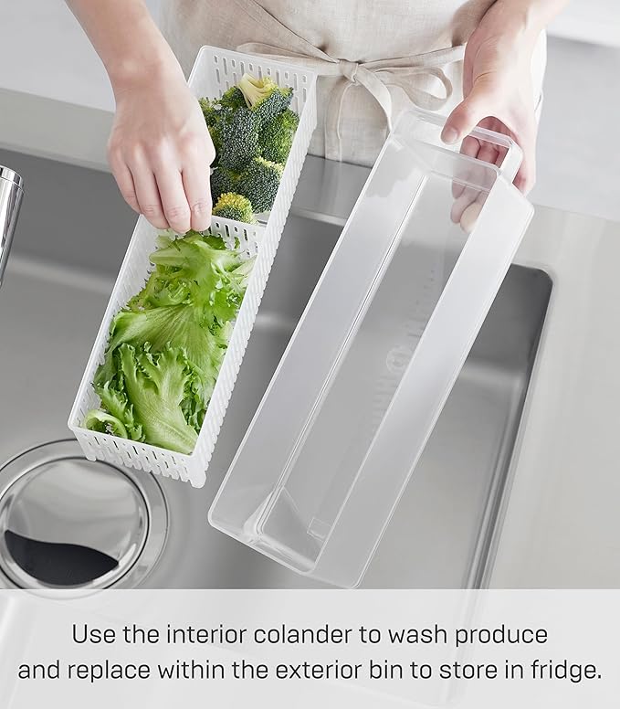 Yamazaki Home Tower Fridge Organizer & Colander – Adjustable Divider For Custom Storage – Stackable Produce Bin For Washing & Storing Ingredients – Easy To Clean & Disassemble - Plastic -