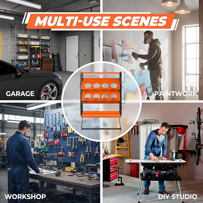 2-Tier Spray Paint Can Holder Rack Wall-Mount, Heavy Duty Spray Bottle Lube Can Organizer, 8 Can Storage Rack with Paper Towel Rod, Ideal for Garage/Workshop/Home,Orange