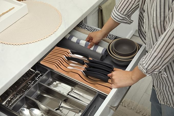 Shenzhen Knives Large In-Drawer Plastic Knife Block: 11 Slot (Holds 10-12 Knives) Empty Knife Holder for Kitchen Drawers - Cutlery Tray Organizer & Storage