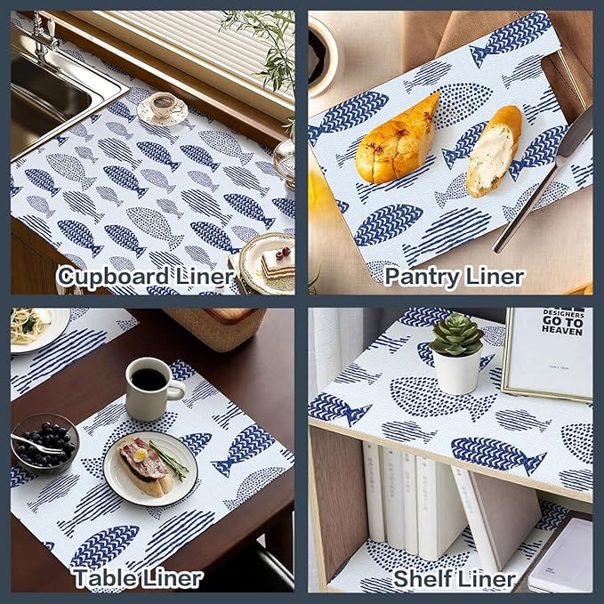 Terravue Blue Shelf Liner for Kitchen Cabinets Non Adhesive Drawer Liners Non Slip Cupboard Liner Strong Grip Waterproof Kitchen Cabinet Liners Easy to Clean Blue Dresser Shelves Paper 12IN x 10FT