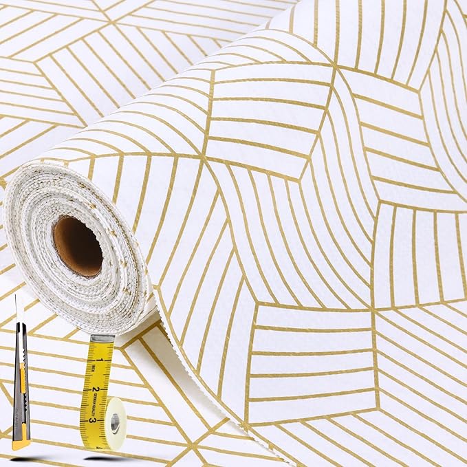 Shelf Liners for Kitchen Cabinets 12in x 30FT, Non Adhesive Cabinet Liner Strong Non-Slip Thickened Gold Geometric Drawer Liner, Easy to Clean for Shelf, Cabinet with Knife and Tape Measure