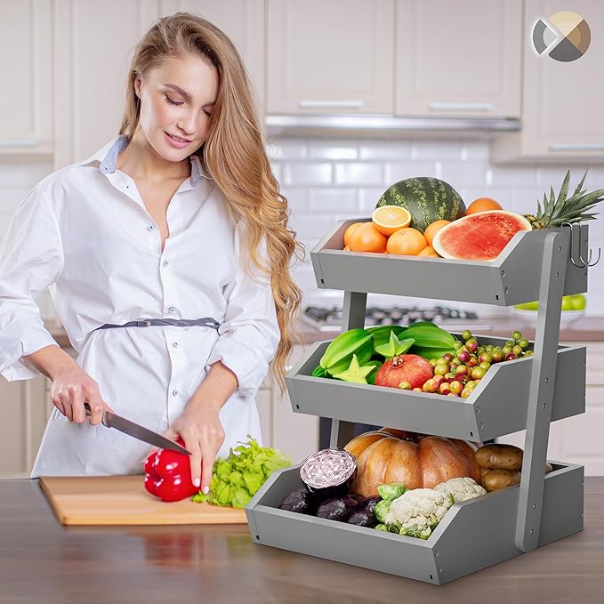 Bamboo 3 Tier Fruit Basket For Counter, Large Capacity Fruit Storage Countertop, Fruit Holder, Wooden Pantry Organizers and Storage, Kitchen Countertop Organizer With Two Banana Hangers (Grey)
