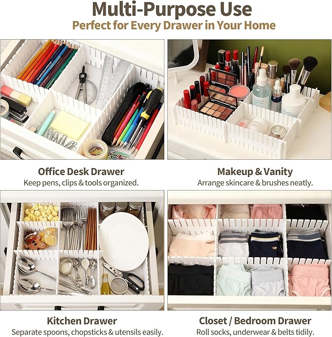 Drawer Divider Adjustable Diy Storage Organizer Separator for Tidying Clutter Cutlery Underwear Socks Clothes Dresses Desk & Box in Kitchen Bathroom Bedroom Office (Cut at Will) (White 16pcs)