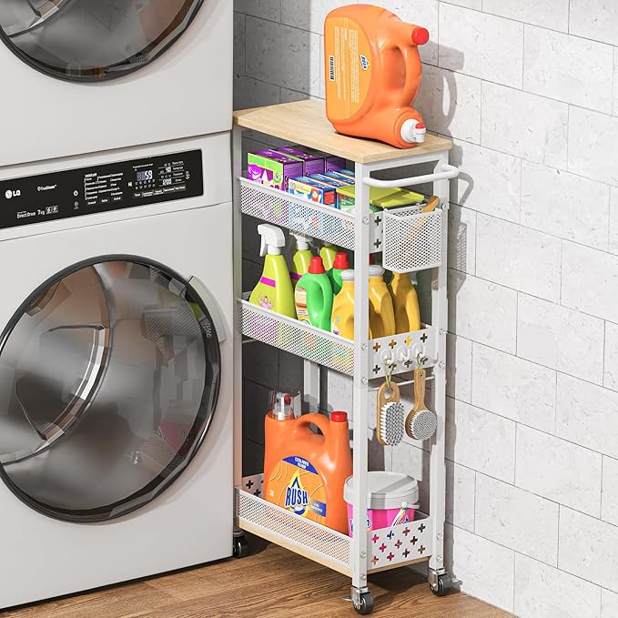 Utility Slim Rolling Storage Cart with Wheels, 4 Tier Narrow Metal Kitchen Cart Bathroom Laundry Room Organization Trolley with Wood Rack and Removable Mesh Basket for Small Space, 7.1IN White