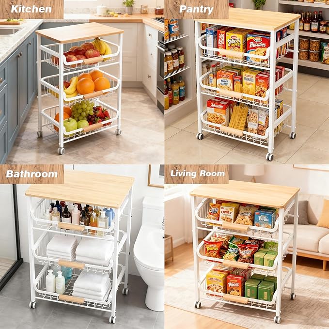 4-Tier Fruit Basket for Kitchen Counter Utility Organizer Carts on Wheels&Wood Top with Storage, Rolling Kitchen Cart for Pantry, Living Room (White)