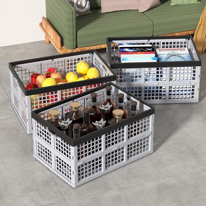 Waikhomes Pack of 3 Collapsible Storage Container Crates, Large Folding Basket Box with Handle, Grey, 42 L