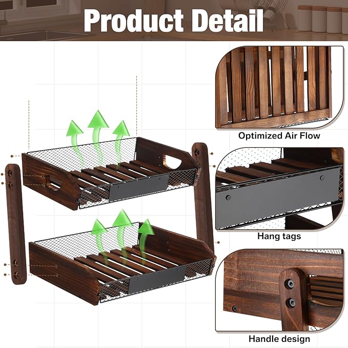 2 Tier Fruit Basket for Kitchen Counter Organizer with Banana Hangers Wooden Fruit Basket Kitchen Counter Storage Holder for Onion Potato Bread Vegetable Organize(15.75 x 11.8 x 10.6 Inches)
